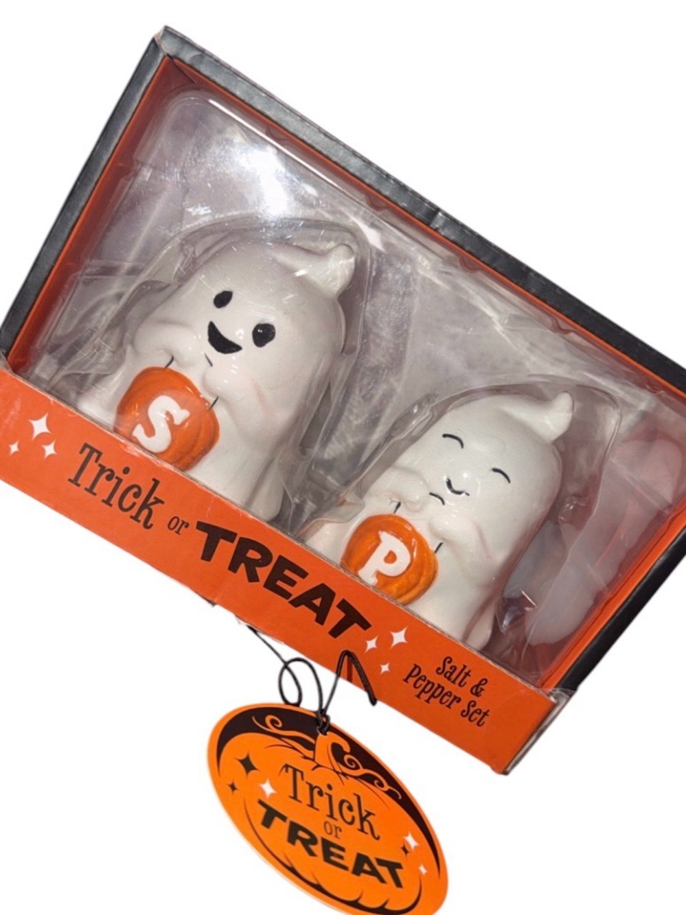 Halloween Ghost Salt and Pepper Shakers - White and Orange